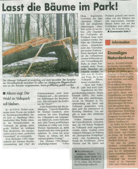 Artikel aus dem Altonaer Wochenblatt zum Thema Volkspark - vom 16.03.05